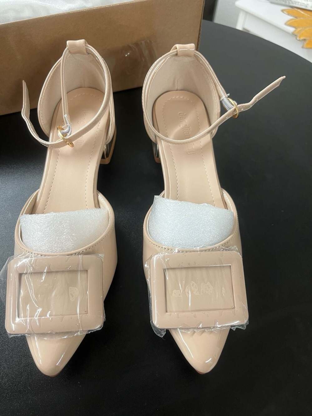 Danglianying Nude Patent Pointed Toe Ankle Strap Buckle Pumps
